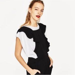 Zara Ruffle Jumpsuit/Overall Wide Leg Cropped Ruffle Bib Front Adjustable Straps